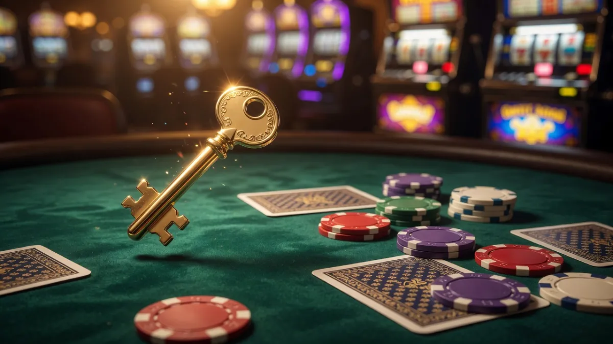 Golden decorations and a gift on a casino table with neon lights in the background